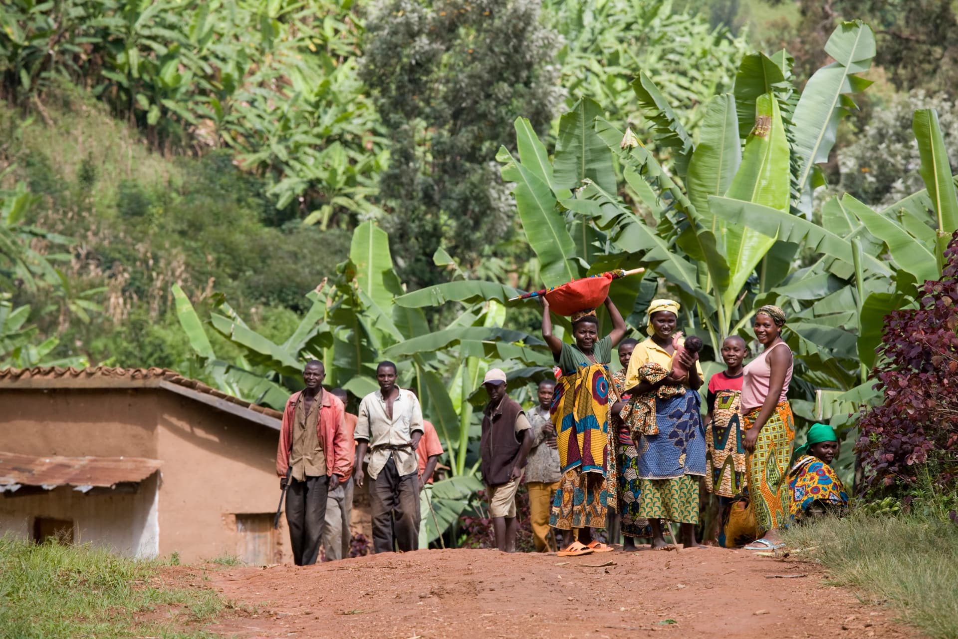 A group of villagers standing on a rural road